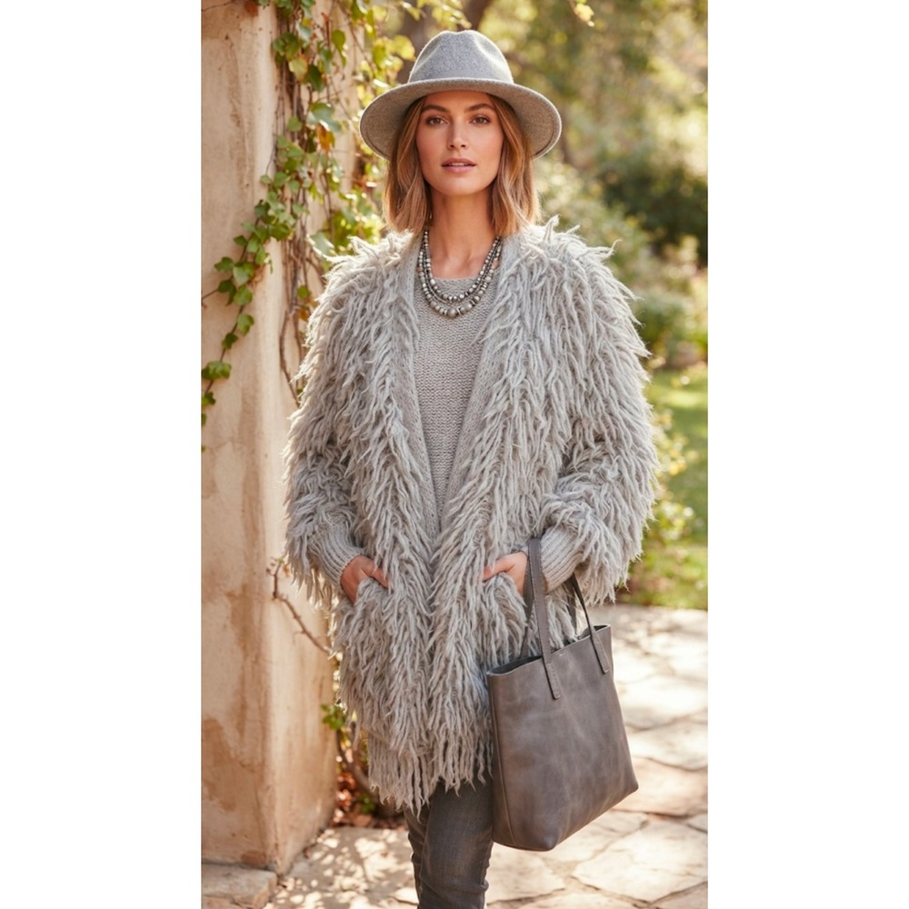 Primark Gray Shaggy Faux Fur Looped Knit Open Front Cardigan Jacket Medium